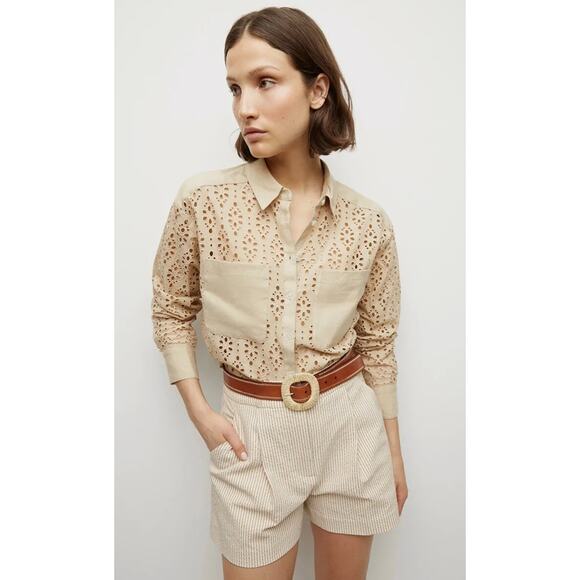 Veronica Beard Aderes Stone Khaki Cotton Eyelet Shirt - Picture 1 of 10